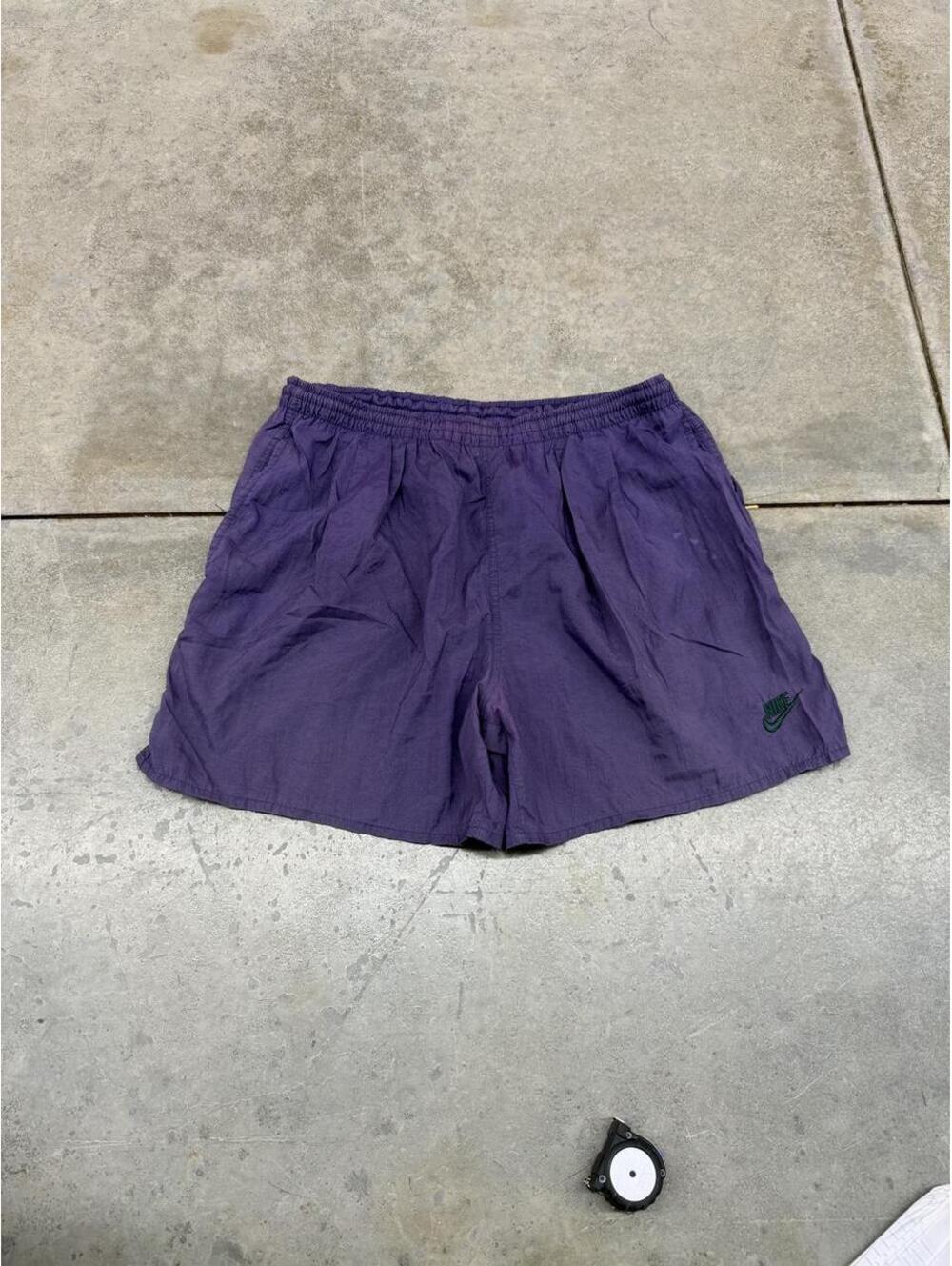 vintage nike purple small swoosh spell out nylon shorts medium NO DRAWSTRING